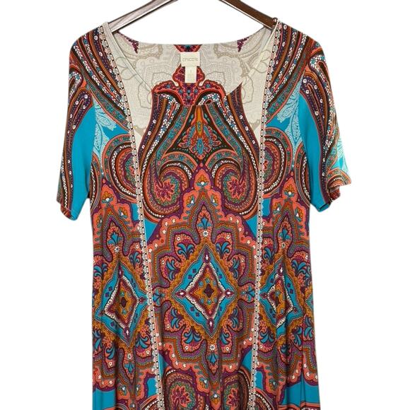 Chicos Bright Colorful Short Sleeve Side Slits Maxi Dress Women's Medium 8 - Picture 2 of 7